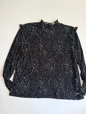 Anne Klein Polka Dot Ruffle Mock Neck Blouse Stretchy Black and White - XL